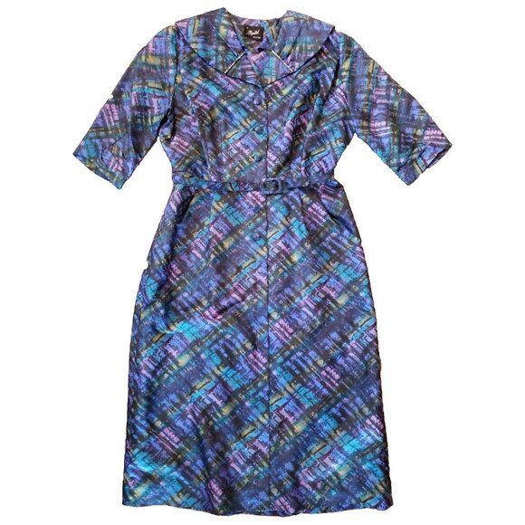 Vintage Wiggle Dress Sz 16 Belted Pin Up Brutalist Peacock Blue Jeweled Collar - Picture 3 of 16